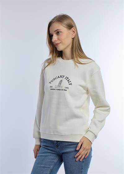 Kadın Tuscany İtaly Nakışlı Sweatshirt Ekru