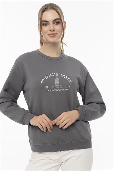 Kadın Tuscany İtaly Nakışlı Sweatshirt Füme