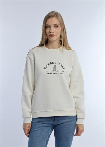 Kadın Tuscany İtaly Nakışlı Sweatshirt Ekru
