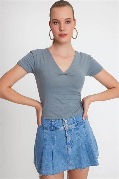 Kadın V Yaka Basic T-shirt  Antrasit