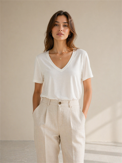 Kadın V Yaka Basic Tişört %100 Bambu Kumaş Regular Fit Ekru