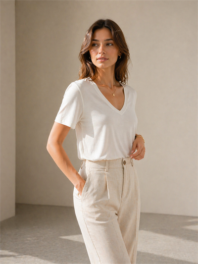 Kadın V Yaka Basic Tişört %100 Bambu Kumaş Regular Fit Ekru