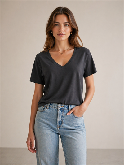 Kadın V Yaka Basic Tişört %100 Bambu Kumaş Regular Fit Siyah