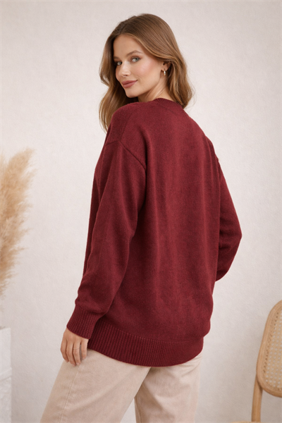 Kadın V Yaka Oversize Triko Bordo Kazak