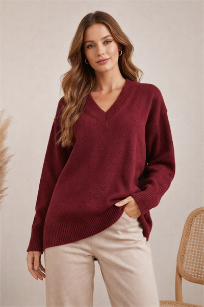 Kadın V Yaka Oversize Triko Bordo Kazak
