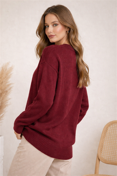 Kadın V Yaka Oversize Triko Bordo Kazak