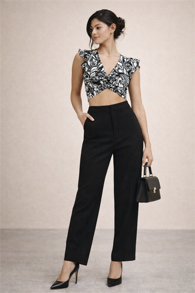 Kadın V Yaka Twist (Büzgü) Detaylı Siyah Beyaz Desenli Crop Bluz
