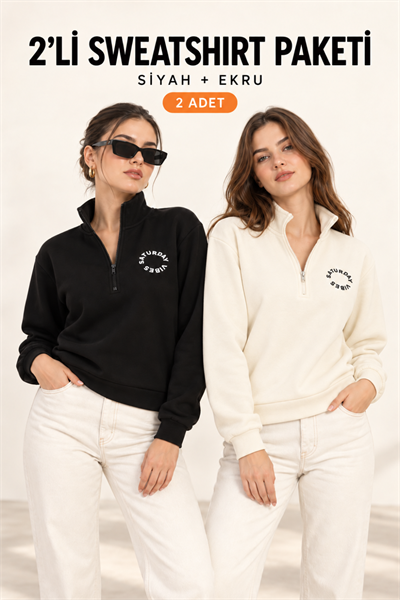Kadın Yarım Fermuarlı Dik Yaka Baskılı Sweatshirt 2’li Paket Siyah / Ekru
