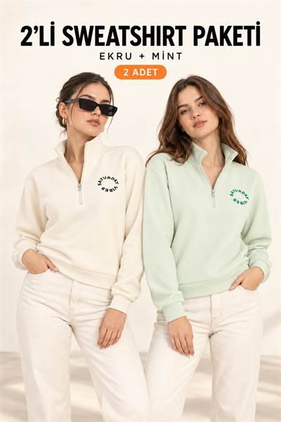 Kadın Yarım Fermuarlı Dik Yaka Baskılı Sweatshirt 2’li Paket Mİnt / Ekru