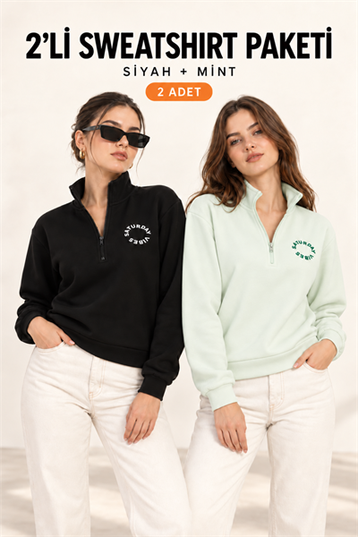 Kadın Yarım Fermuarlı Dik Yaka Baskılı Sweatshirt 2’li Paket Siyah / Mint