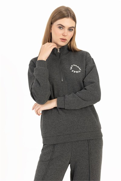 Kadın Yarım Fermuarlı Dik Yaka Baskılı Sweatshirt 2’li Paket Siyah/Antra