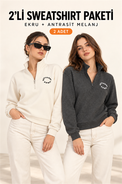 Kadın Yarım Fermuarlı Dik Yaka Baskılı Sweatshirt 2’li Paket Antra/Ekru