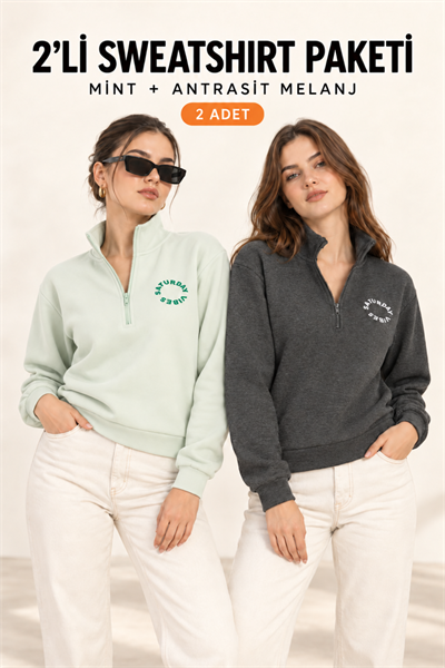 Kadın Yarım Fermuarlı Dik Yaka Baskılı Sweatshirt 2’li Paket Antra / Mint