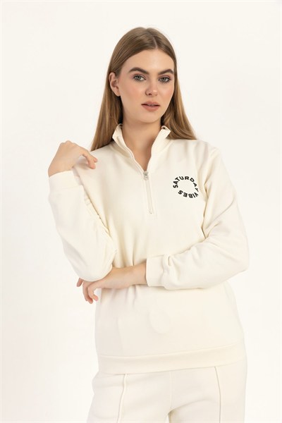 Kadın Yarım Fermuarlı Dik Yaka Baskılı Sweatshirt 2’li Paket Antra/Ekru