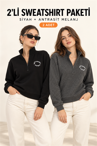 Kadın Yarım Fermuarlı Dik Yaka Baskılı Sweatshirt 2’li Paket Siyah/Antra