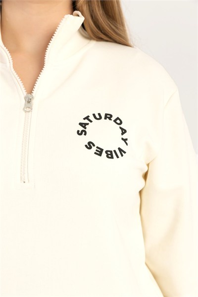 Kadın Yarım Fermuarlı Dik Yaka Baskılı Sweatshirt 2’li Paket Siyah / Ekru