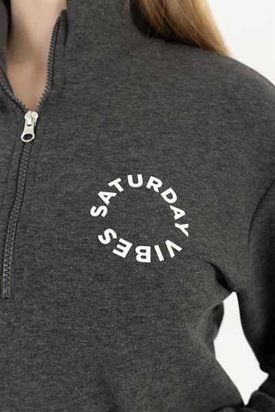 Kadın Yarım Fermuarlı Dik Yaka Sweatshirt Antrasit Melanj