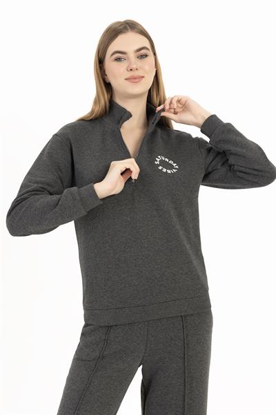 Kadın Yarım Fermuarlı Dik Yaka Sweatshirt Antrasit Melanj