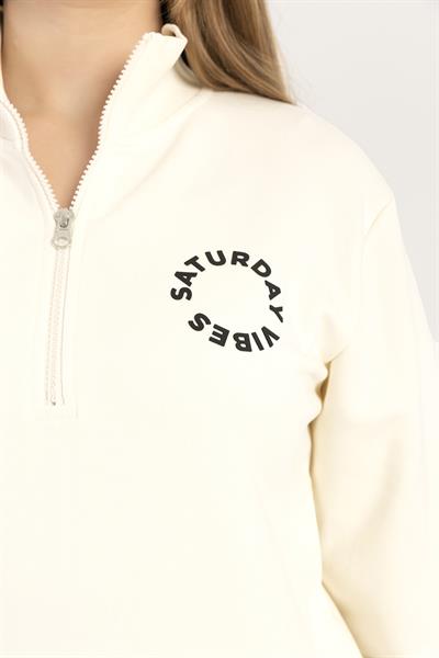 Kadın Yarım Fermuarlı Dik Yaka Sweatshirt Ekru