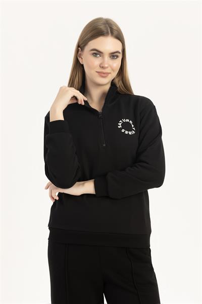 Kadın Yarım Fermuarlı Dik Yaka Sweatshirt Siyah
