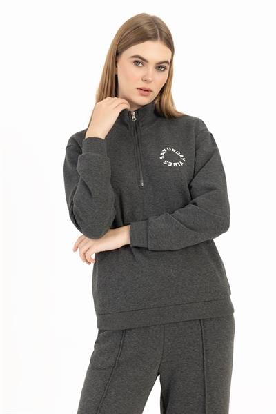 Kadın Yarım Fermuarlı Dik Yaka Sweatshirt Antrasit Melanj