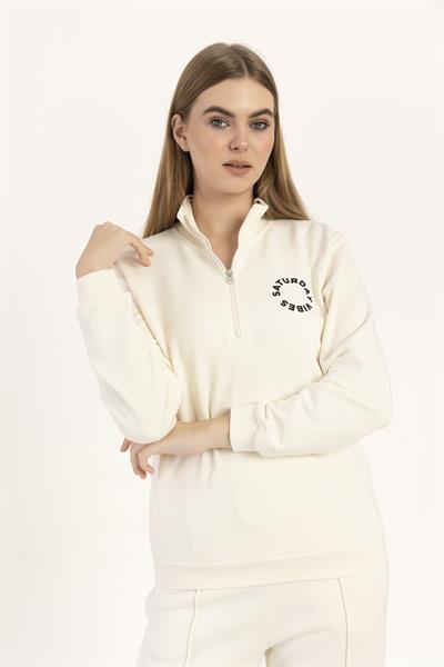 Kadın Yarım Fermuarlı Dik Yaka Sweatshirt Ekru