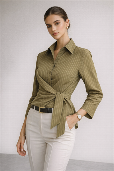 Kadın Yeşil Çizgili Yandan Bağlamalı Slim Fit Gömlek