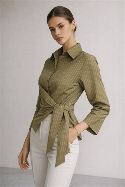 Kadın Yeşil Çizgili Yandan Bağlamalı Slim Fit Gömlek