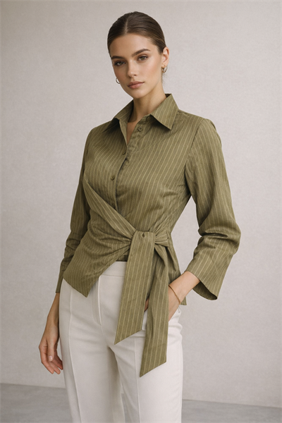 Kadın Yeşil Çizgili Yandan Bağlamalı Slim Fit Gömlek