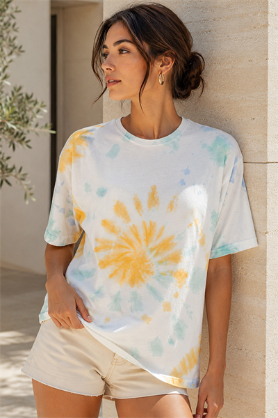 Kadın Yeşil Sarı Mavi Batik Desenli Oversize T-Shirt