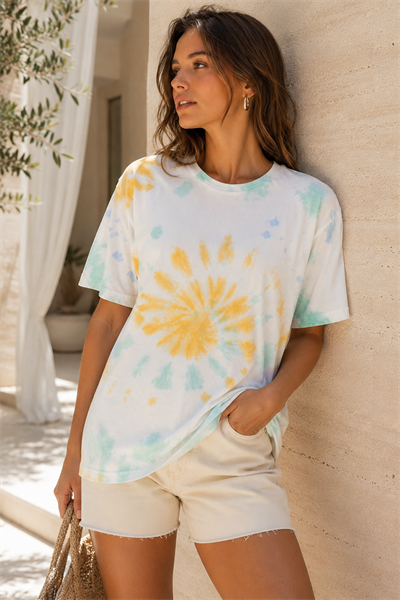 Kadın Yeşil Sarı Mavi Batik Desenli Oversize T-Shirt