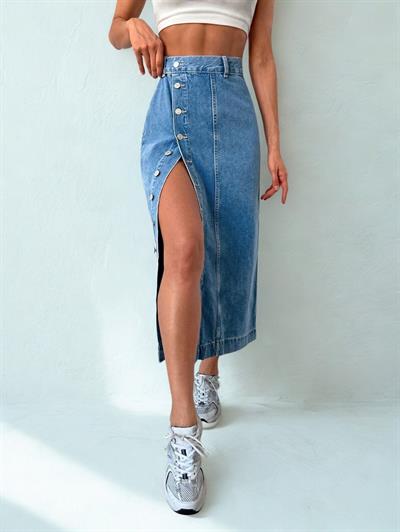 Kadın Yırtmaçlı Kot Etek Mavi