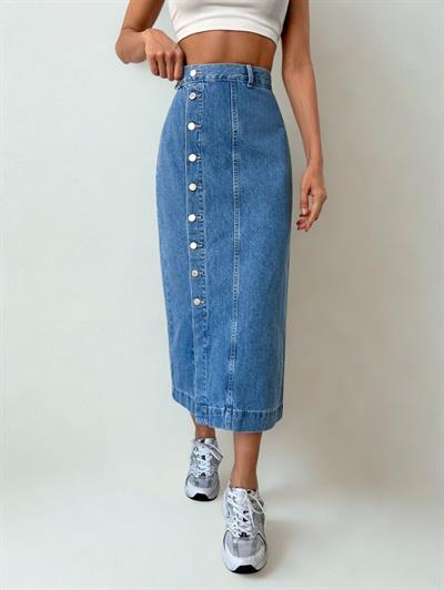 Kadın Yırtmaçlı Kot Etek Mavi