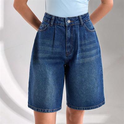 Kadın Yüksek Bel Bermuda Denim Şort Mavi