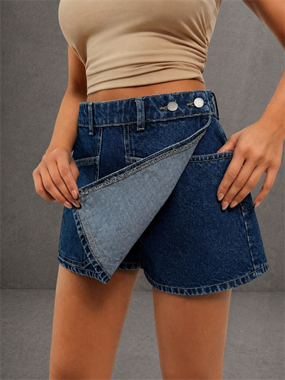 Kadın Yüksek Bel Denim Mini Etek Şort Çift Düğmeli Cep Detaylı Lacivert