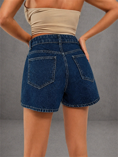 Kadın Yüksek Bel Denim Mini Etek Şort Çift Düğmeli Cep Detaylı Lacivert