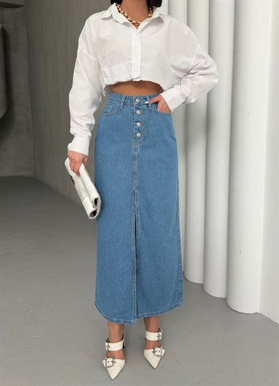 Kadın Yüksek Bel Düğmeli Yırtmaçlı Midi Jean Etek Açık Mavi