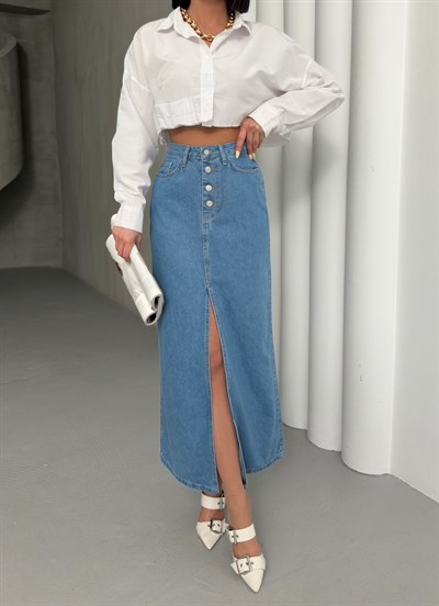 Kadın Yüksek Bel Düğmeli Yırtmaçlı Midi Jean Etek Açık Mavi