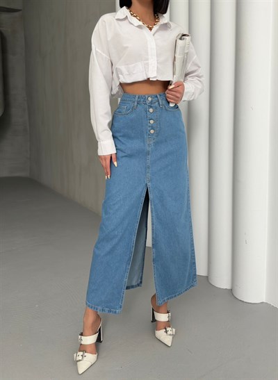 Kadın Yüksek Bel Düğmeli Yırtmaçlı Midi Jean Etek Açık Mavi