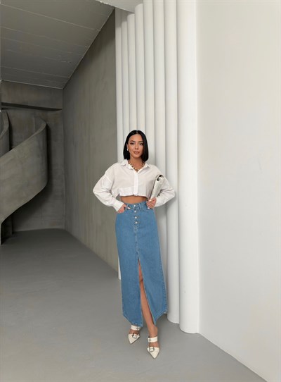 Kadın Yüksek Bel Düğmeli Yırtmaçlı Midi Jean Etek Açık Mavi