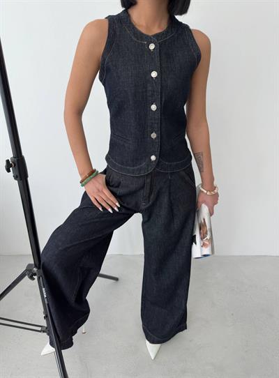 Kadın Yüksek Bel Geniş Paça Denim Pantolon & Düğmeli Yelek Takım