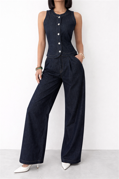 Kadın Yüksek Bel Geniş Paça Denim Pantolon & Düğmeli Yelek Takım