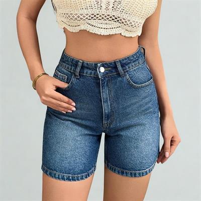 Kadın Yüksek Bel Jean Kot Şort Mavi