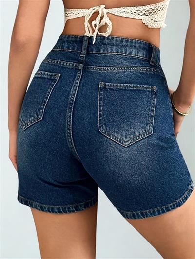 Kadın Yüksek Bel Jean Kot Şort Mavi