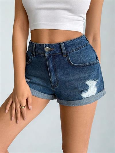 Kadın Yüksek Bel Katlamalı Paça Denim Şort Mavi