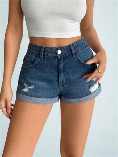 Kadın Yüksek Bel Katlamalı Paça Denim Şort Mavi