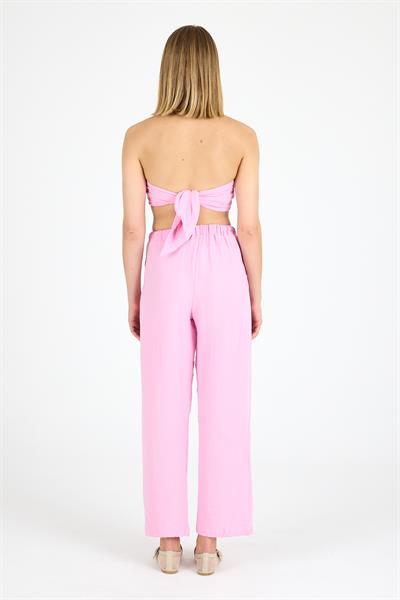 Kadın Yüksek Bel Keten Kumaş Pantolon Pembe