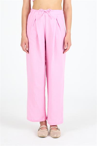 Kadın Yüksek Bel Keten Kumaş Pantolon Pembe