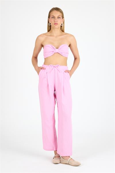 Kadın Yüksek Bel Keten Kumaş Pantolon Pembe