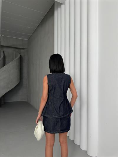 Kadın Yüksek Bel Kot Etek & Düğmeli Denim Yelek Takım